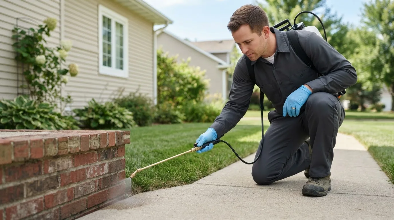 Pest control technician treating a home near Priddy, TX