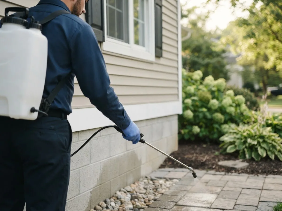 Pest control technician inspecting a home in Priddy, TX